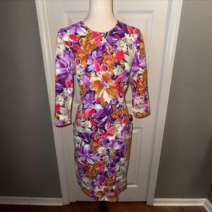 J McLaughlin Catalina Cloth Floral Print Shift Dress Womens L 3/4 Sleeve Travel